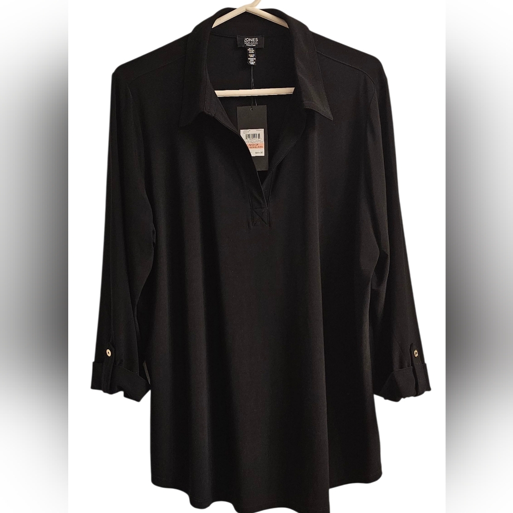 Jones New York Blouse Black 3/4 Sleeve V-Neck with Collar Women's Size 2X NEW!